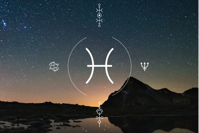 Pisces zodiac symbol centered against a starry night sky with mountain silhouette and reflective water.
